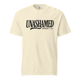 A cream-colored short-sleeve t-shirt with 'UNASHAMED ROMANS 1:16' printed in black across the chest, displayed on a solid white background.
