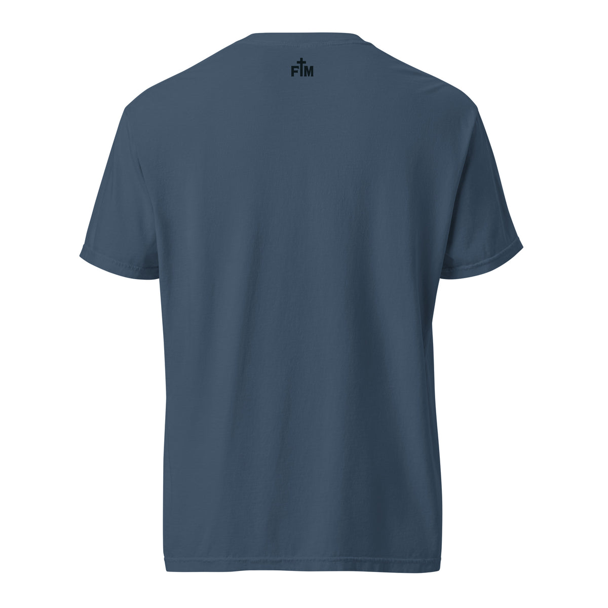 Small Faith Mode "FM" logo printed on the upper back neck of the shirt in dark ink.