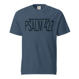 Dark blue font "Psalm 42:7" on a slightly lighter blue shirt and the text "Deep Calls To Deep" printed above.