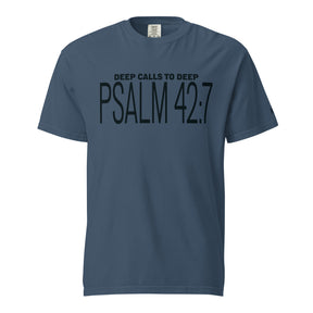 Dark blue font "Psalm 42:7" on a slightly lighter blue shirt and the text "Deep Calls To Deep" printed above.