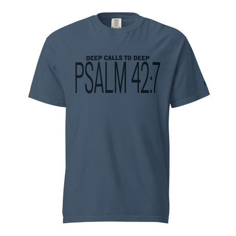 Dark blue font "Psalm 42:7" on a slightly lighter blue shirt and the text "Deep Calls To Deep" printed above.