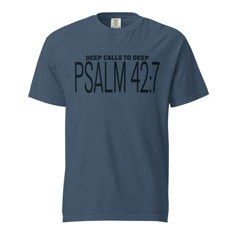 Dark blue font "Psalm 42:7" on a slightly lighter blue shirt and the text "Deep Calls To Deep" printed above.