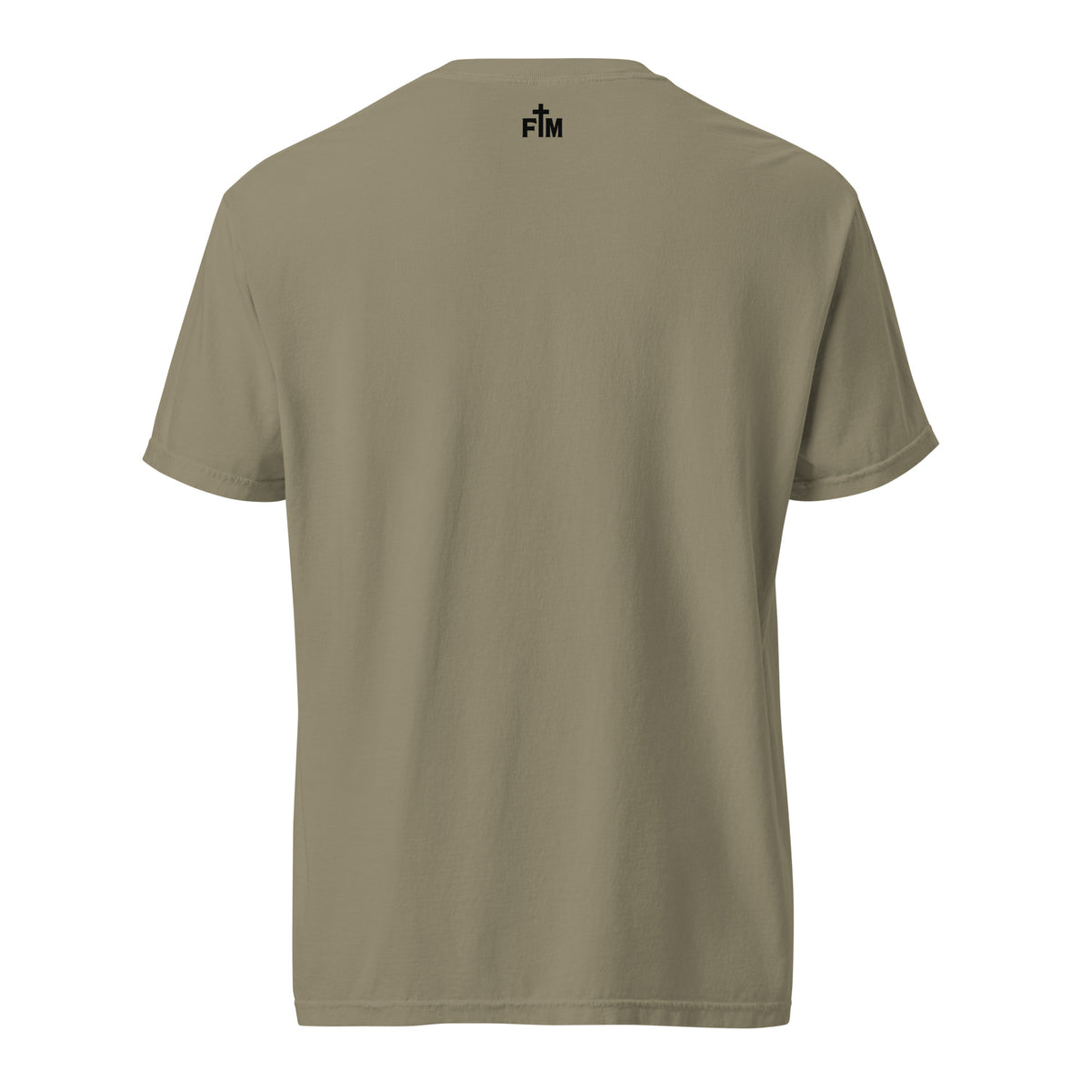Small Faith Mode "FM" logo printed on the upper back neck of the shirt in dark ink.