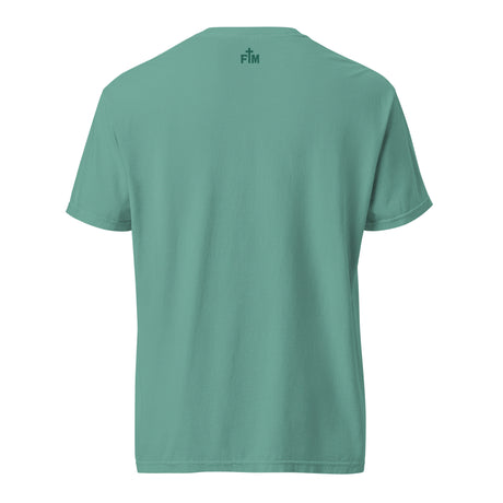 Small Faith Mode "FM" logo printed on the upper back neck of the shirt in dark ink.
