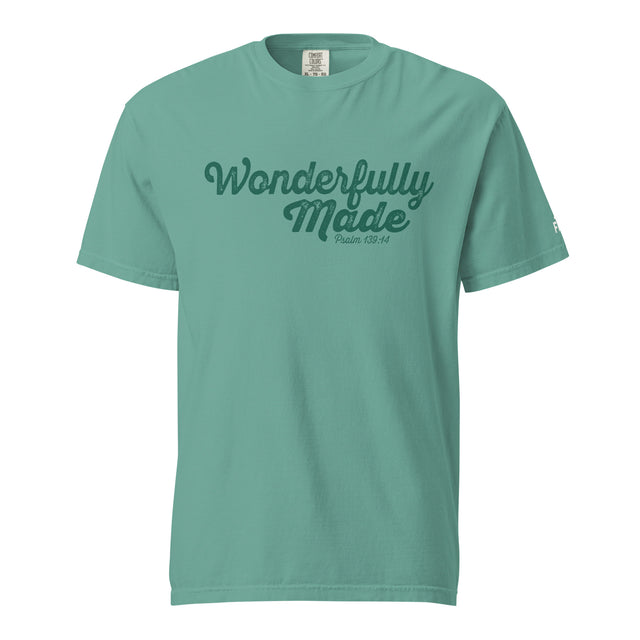 A mint green short-sleeve crewneck t-shirt with 'Wonderfully Made' printed in dark green script across the chest, displayed on a solid white background.