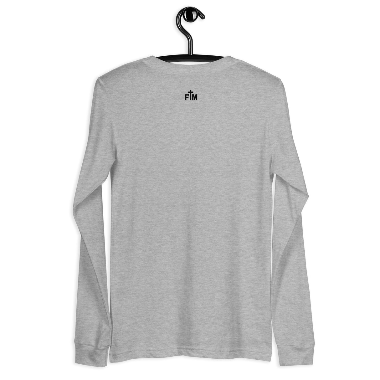 A light heather gray long-sleeve t-shirt hanging on a black plastic hanger against a plain white background. The shirt features a small black 'FM' logo printed on the upper chest.