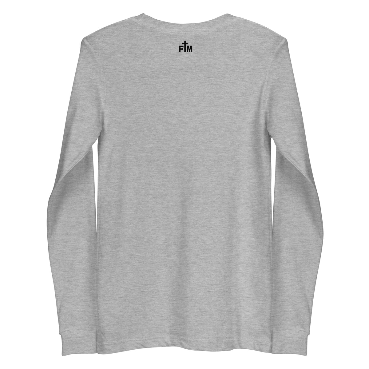 Small black Faith Mode logo on the upper back of an athletic heather grey long sleeve shirt