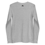 Small black Faith Mode logo on the upper back of an athletic heather grey long sleeve shirt
