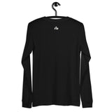 Faith Mode's "FM" logo printed small in cream white at the upper neck on the back of a long sleeve black shirt