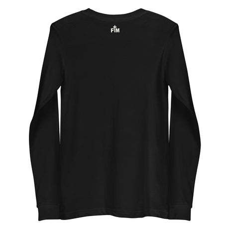 White Faith Mode Logo on the back of a black long sleeve shirt