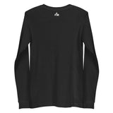 Small white Faith Mode logo on the upper back of a black long sleeve shirt
