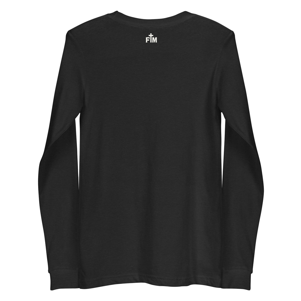 Small white Faith Mode logo on the upper back of a black long sleeve shirt