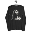 A black long-sleeve t-shirt hanging on a black hanger against a plain white background, featuring a high-contrast white graphic print of Jesus Christ's face on the chest.