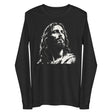 A black long-sleeve t-shirt against a plain white background, featuring a high-contrast white graphic print of Jesus Christ's face on the chest.