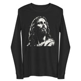 A black long-sleeve t-shirt against a plain white background, featuring a high-contrast white graphic print of Jesus Christ's face on the chest.