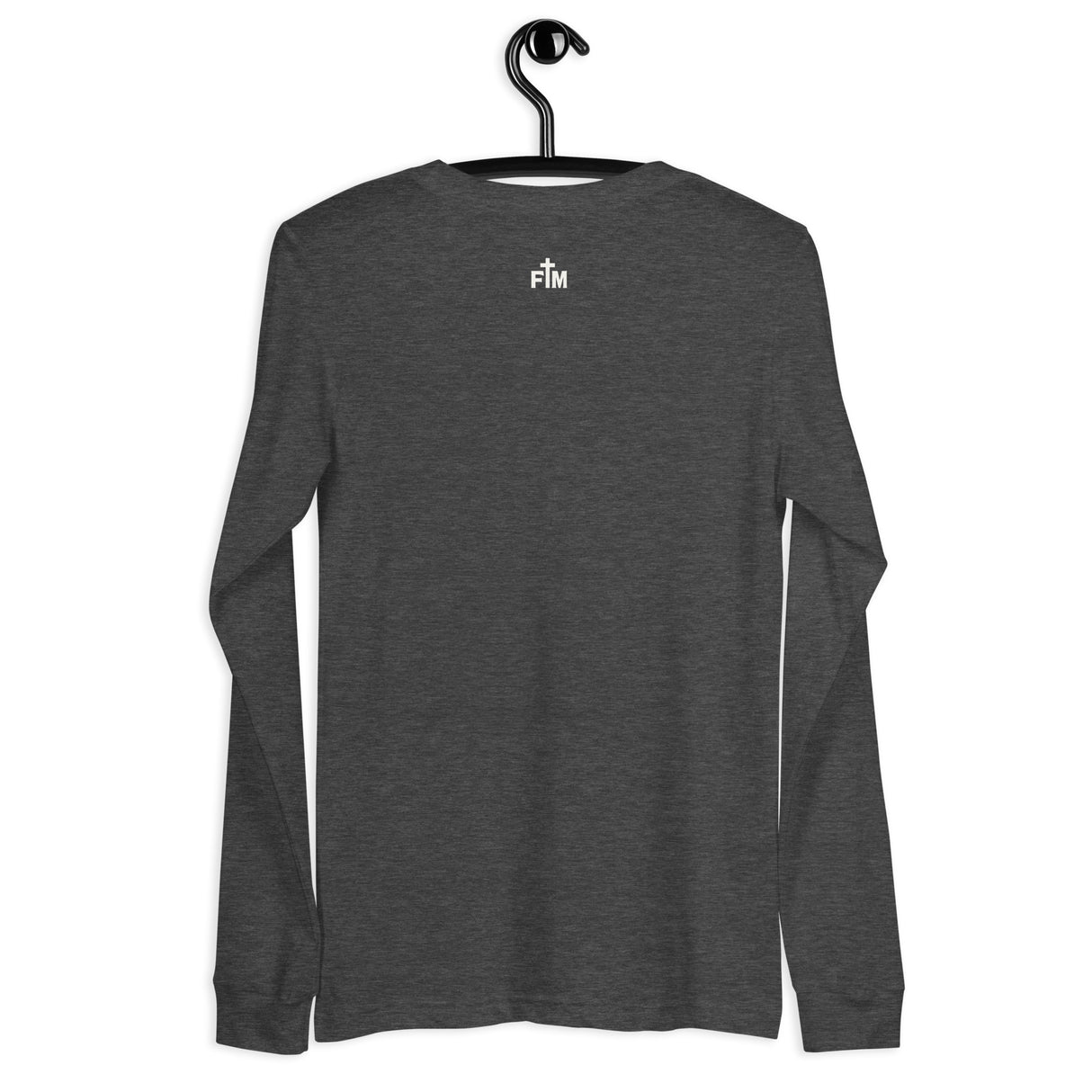 Faith Mode "FM" logo printed in cream white on a dark grey heather long sleeve shirt