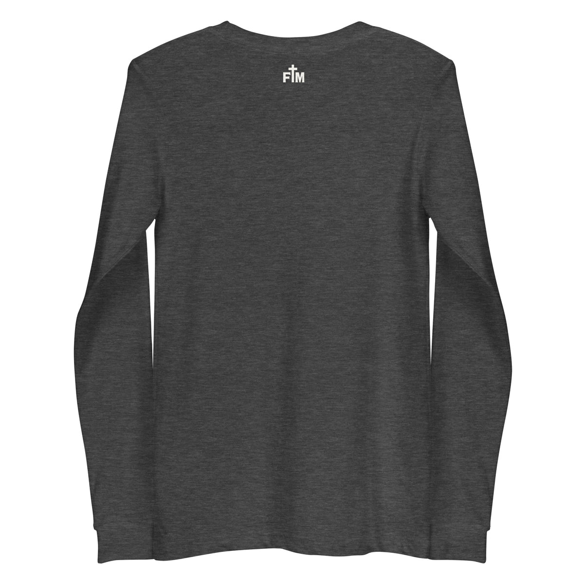 Small Faith Mode Logo on the upper back of a dark heather long sleeve shirt