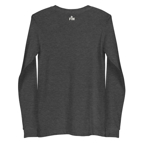 Small Faith Mode Logo on the upper back of a dark heather long sleeve shirt
