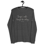 Dark grey heather long sleeve shirt with cream white text "Though I Walk Through The Valley..." and "Psalm 23:4"