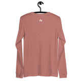 Cream white small Faith Mode "FM" logo on the upper back of a mauve long sleeve shirt