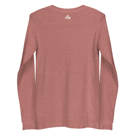Cream white Faith Mode logo on the upper back of a mauve long sleeve shirt