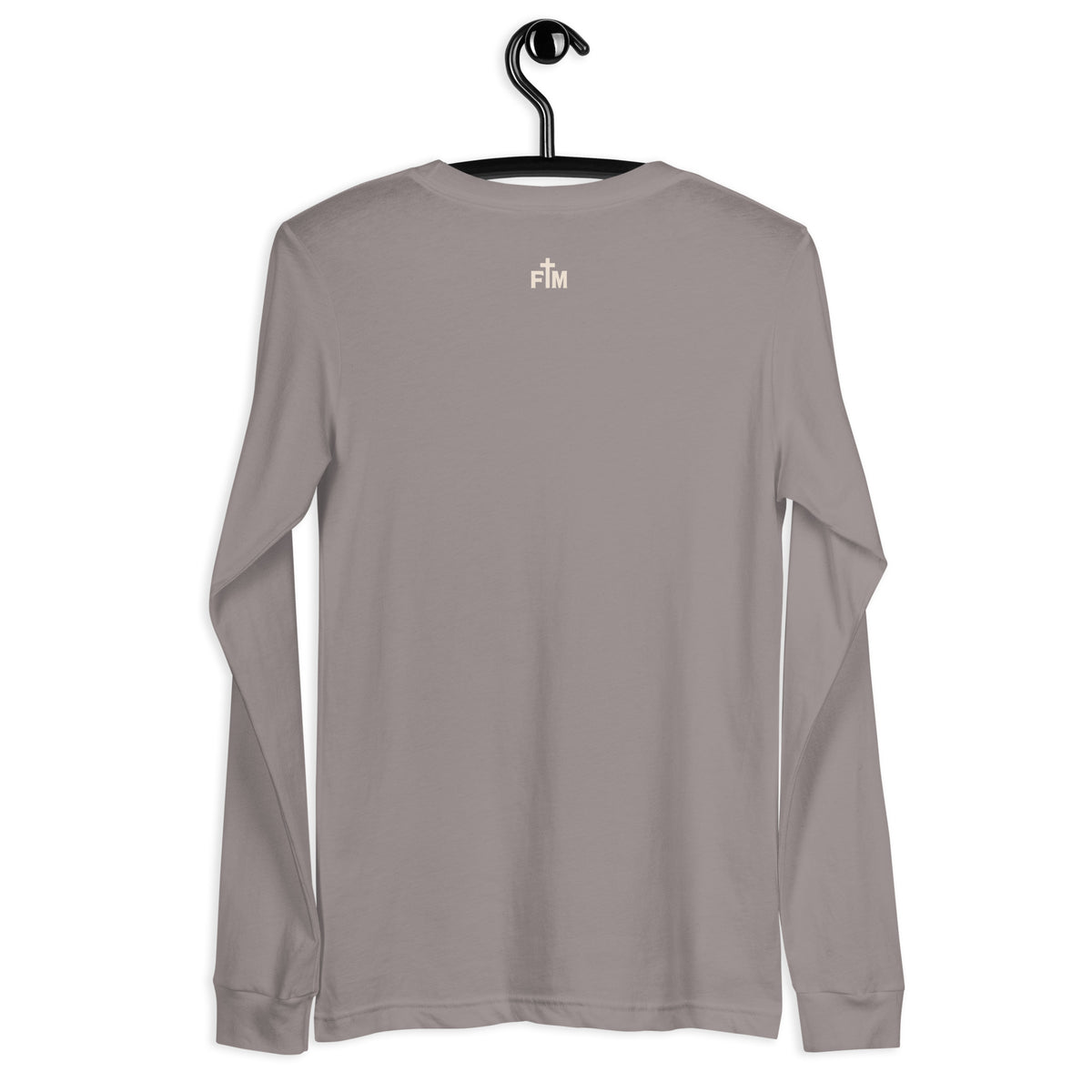 Faith Mode's "FM" Logo on the back of a storm grey long sleeve shirt