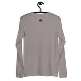 Faith Mode's "FM" logo printed in small black on the upper back of a storm grey long sleeve shirt