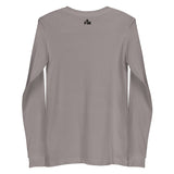 Small black Faith Mode logo on the back of a storm grey long sleeve shirt