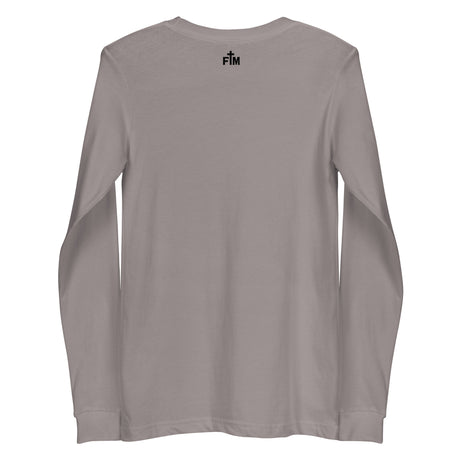 Small black Faith Mode logo on the back of a storm grey long sleeve shirt