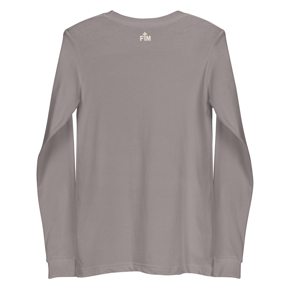 Small cream white Faith Mode logo printed on the upper back of a storm grey long sleeve shirt 