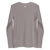 Small cream white Faith Mode logo printed on the upper back of a storm grey long sleeve shirt 