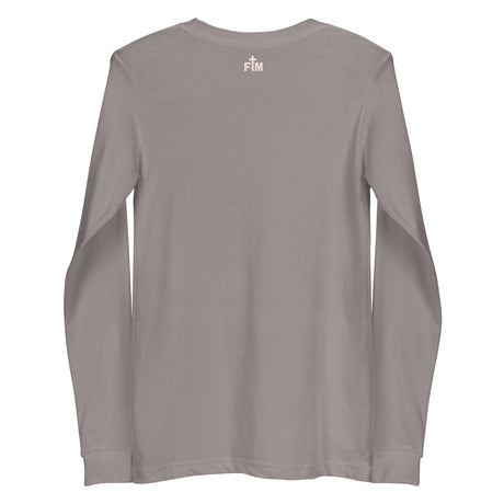 Small cream white Faith Mode logo printed on the upper back of a storm grey long sleeve shirt 