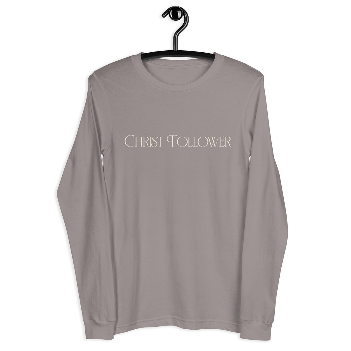 Off-White Text on a Storm Grey Long Sleeve Shirt that reads "Christ Follower" in a luxury designer font.