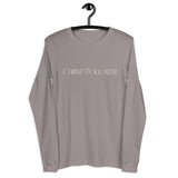 Off-White Text on a Storm Grey Long Sleeve Shirt that reads "Christ Follower" in a luxury designer font.