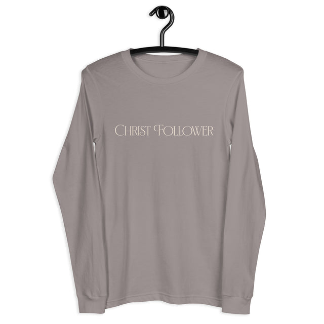 Off-White Text on a Storm Grey Long Sleeve Shirt that reads "Christ Follower" in a luxury designer font.