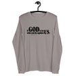 A long-sleeve crewneck t-shirt in a muted taupe-gray color, hanging on a black hanger against a plain white background. The front of the shirt features a black printed text graphic that reads 'if GOD is for US who can be against US? Romans 8:31'.