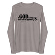 "If God is For Us who can be against US? Romans 8:31" in black lettering on a storm grey long sleeve shirt, front view.
Small white Faith Mode logo on the upper back of a black long sleeve shirt