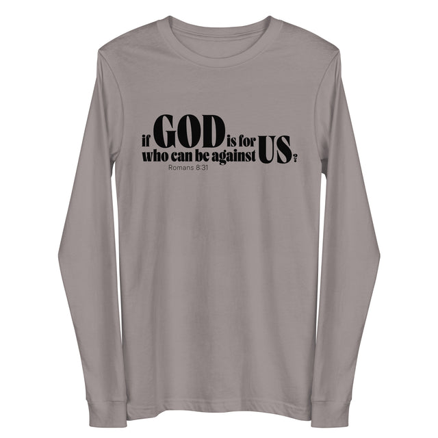 "If God is For Us who can be against US? Romans 8:31" in black lettering on a storm grey long sleeve shirt, front view.
Small white Faith Mode logo on the upper back of a black long sleeve shirt