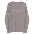 Off-White Text on a Storm Grey Long Sleeve Shirt that reads "Christ Follower" in a luxury designer font.