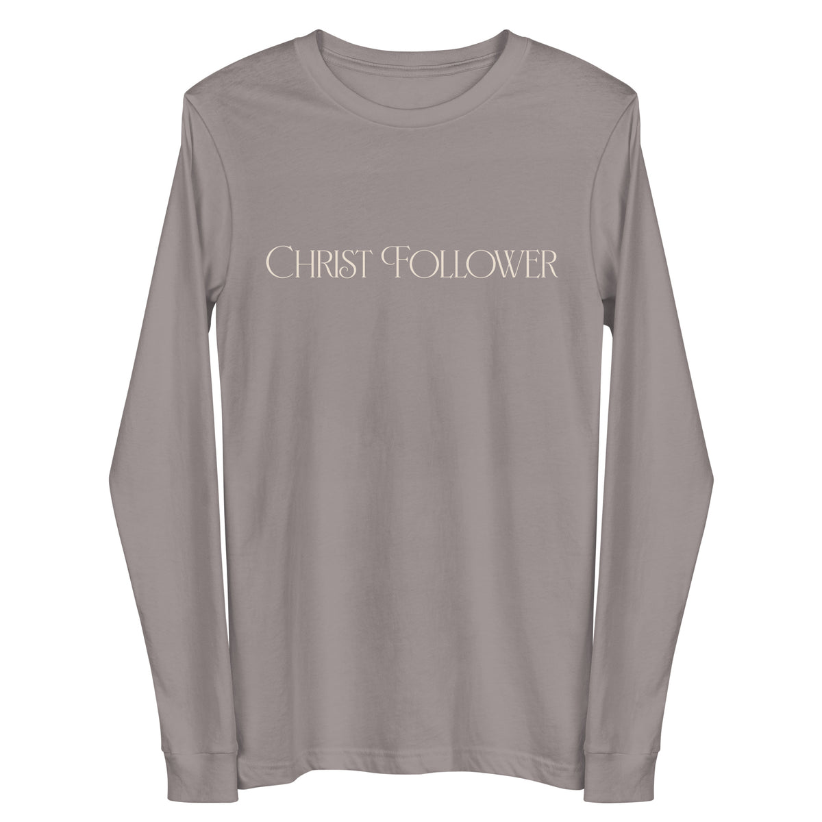 Off-White Text on a Storm Grey Long Sleeve Shirt that reads "Christ Follower" in a luxury designer font.