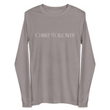 Off-White Text on a Storm Grey Long Sleeve Shirt that reads "Christ Follower" in a luxury designer font.