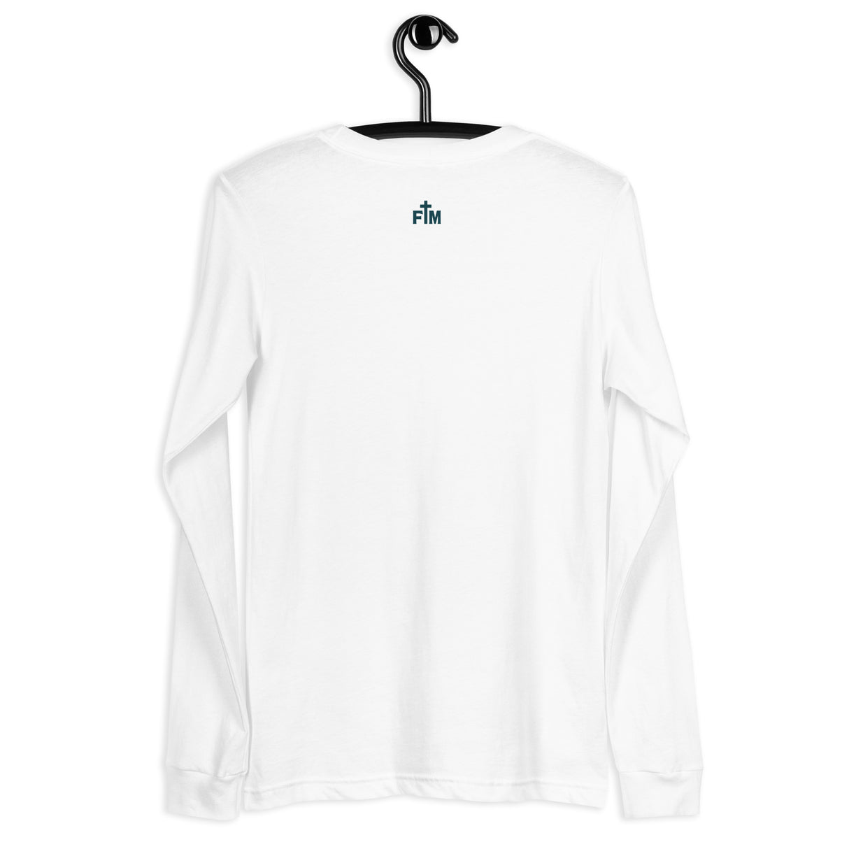 A white long-sleeve t-shirt hanging on a black hanger against a plain white background, featuring a small dark teal 'FM' logo on the upper back.