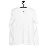 A white long-sleeve t-shirt hanging on a black hanger against a plain white background, featuring a small dark teal 'FM' logo on the upper back.