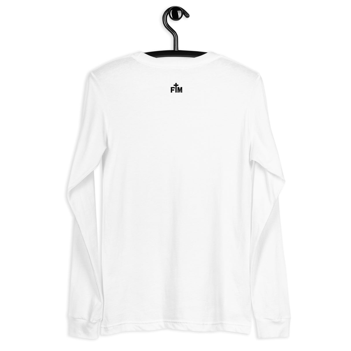 A white long-sleeve t-shirt hanging on a black hanger against a plain white background, featuring a small black 'FM' logo printed on the upper back.