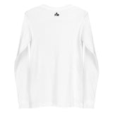 Small black Faith Mode logo on the upper back of a white long sleeve shirt