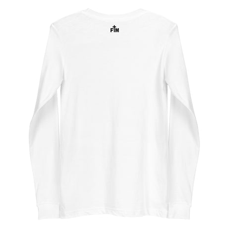 Small black Faith Mode logo on the upper back of a white long sleeve shirt