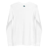 Small dark teal Faith Mode logo on the upper back of a white long sleeve shirt