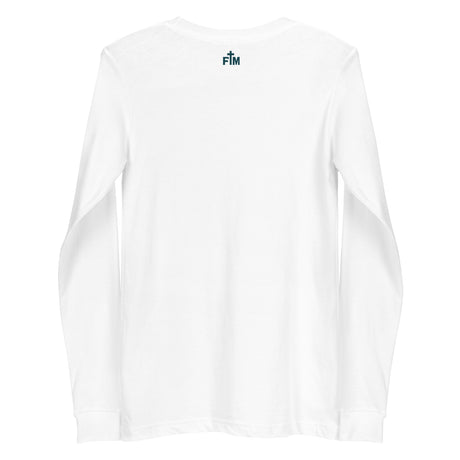 Small dark teal Faith Mode logo on the upper back of a white long sleeve shirt