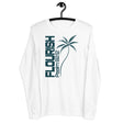 A white long-sleeve t-shirt hanging on a black hanger, featuring a dark teal graphic on the front with the text 'FLOURISH Psalm 182' and a palm tree illustration.