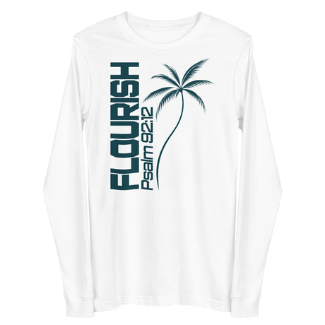 A white long-sleeve t-shirt, featuring a dark teal graphic on the front with the text 'FLOURISH Psalm 182' and a palm tree illustration.